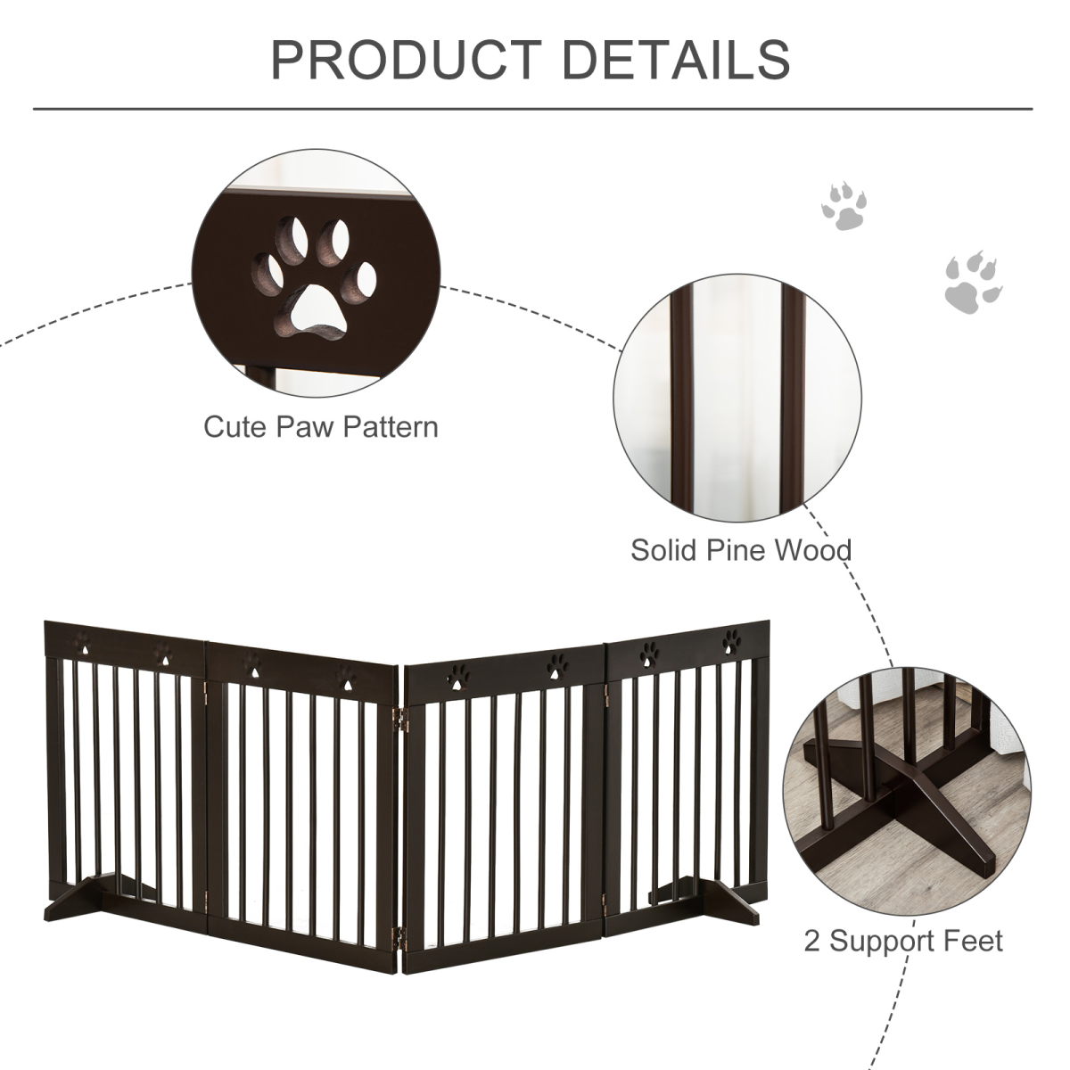 Freestanding Pet Gate 4 Panel Folding Wooden Dog Barrier with Support Feet