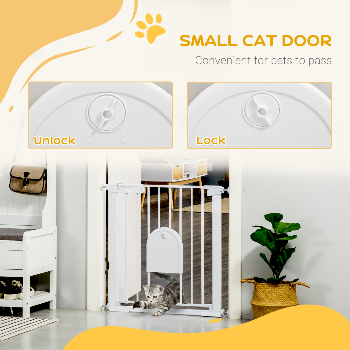 PawHut 75-82 cm Pet Safety Gate Pressure Fit Stair with Small Door Double Locking