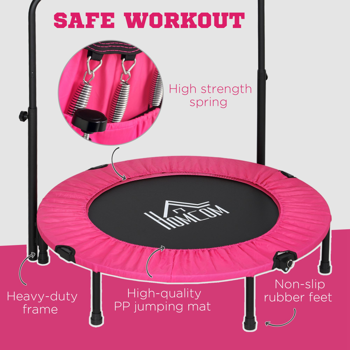 40" Foldable Mini Fitness Trampoline with Foam Handle, Pink