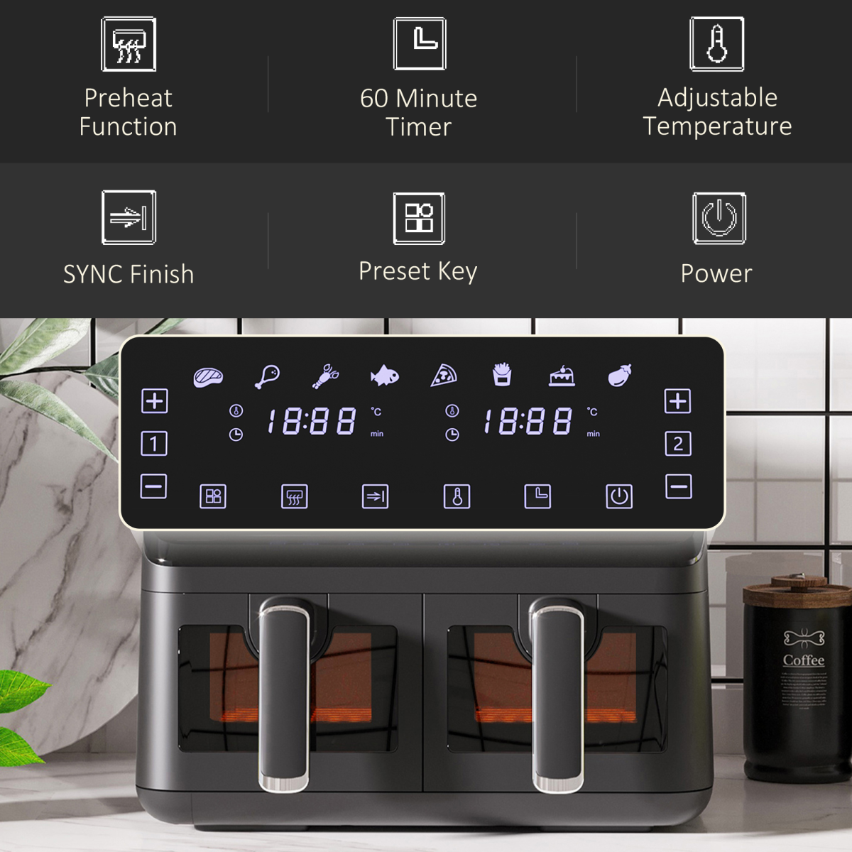 Dual Air Fryer 8L Family Size w/ 2 Basket 8 Presets Cookbook Timer 2500W