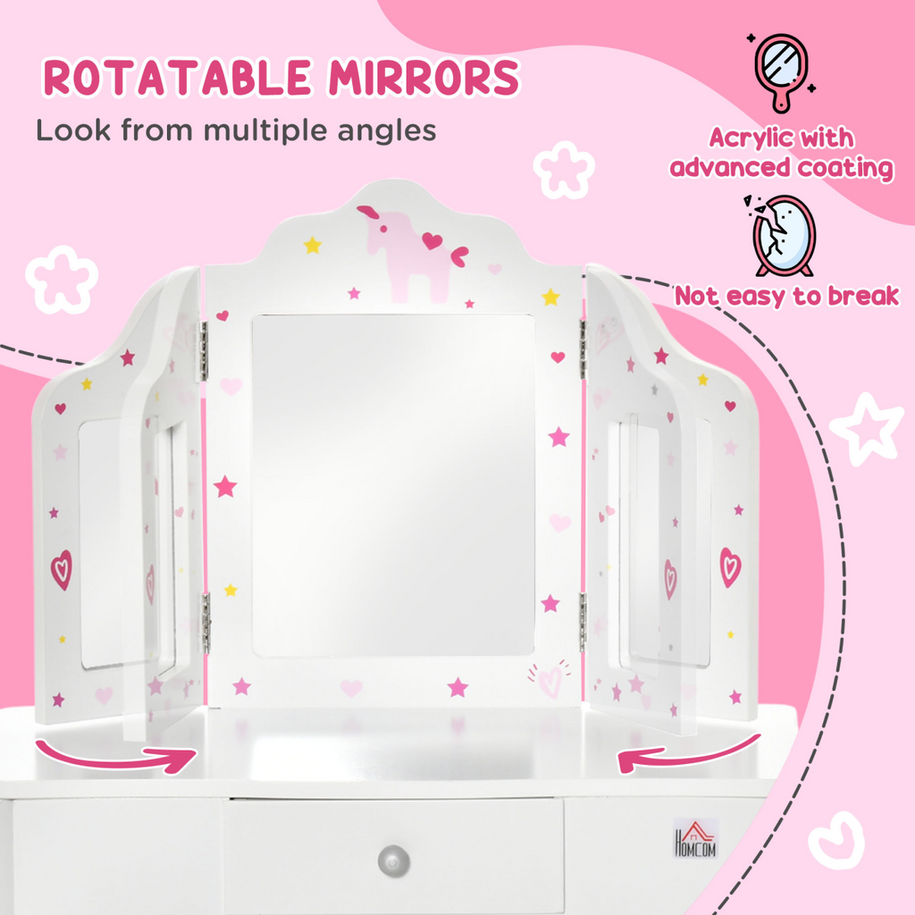 Kids Vanity Table & Stool Girls Dressing Set with Rotatable Mirror Drawer