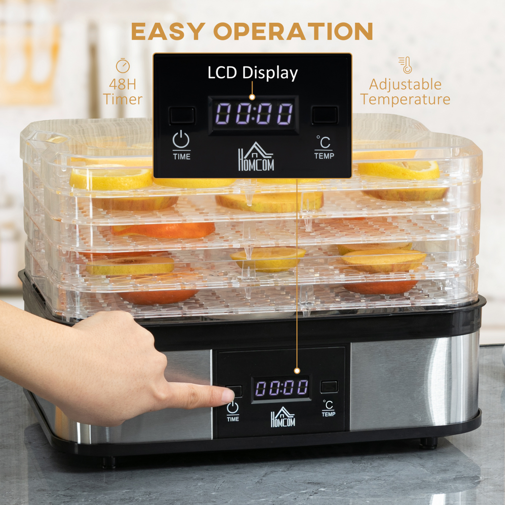 5-Tier Food Dehydrator with LCD Timer — 245W, Silver