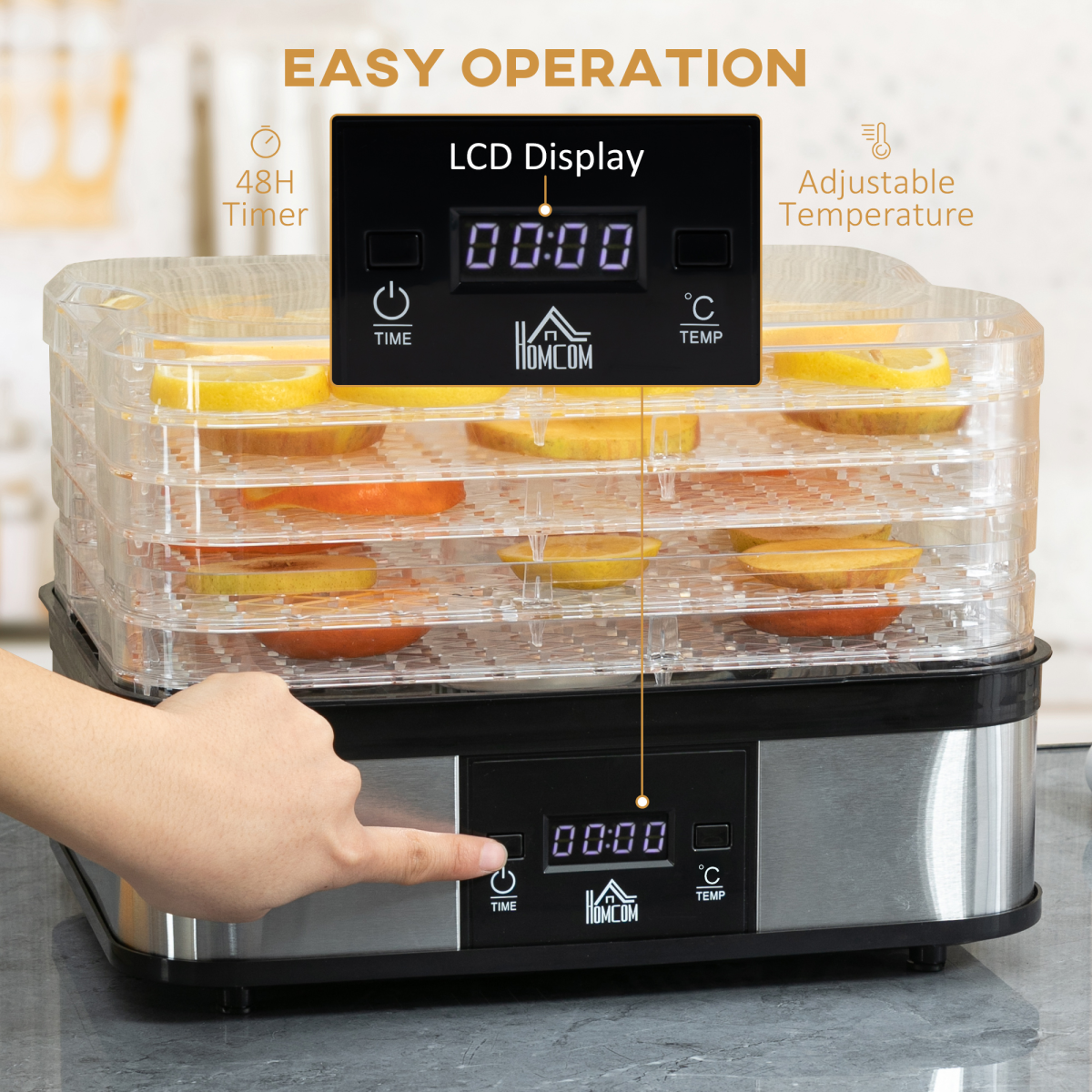 5-Tier Food Dehydrator with LCD Timer — 245W, Silver