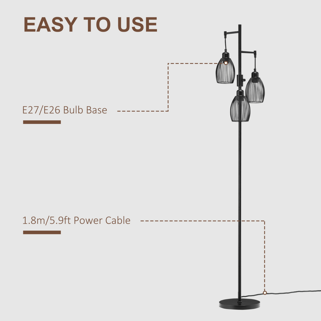 170cm Industrial 3-Light Floor Lamp, Dimmable Black