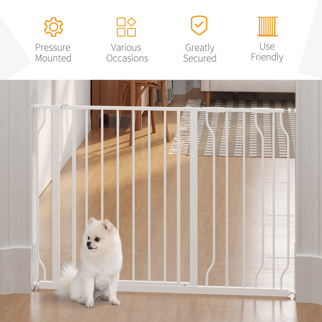 PawHut Dog Gate Wide Stair Gate w/ Door Pressure Fit, 75-115W cm, White