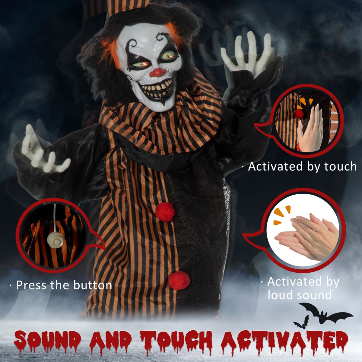 Talking Halloween Circus Clown with Light-Up Eyes — 67in