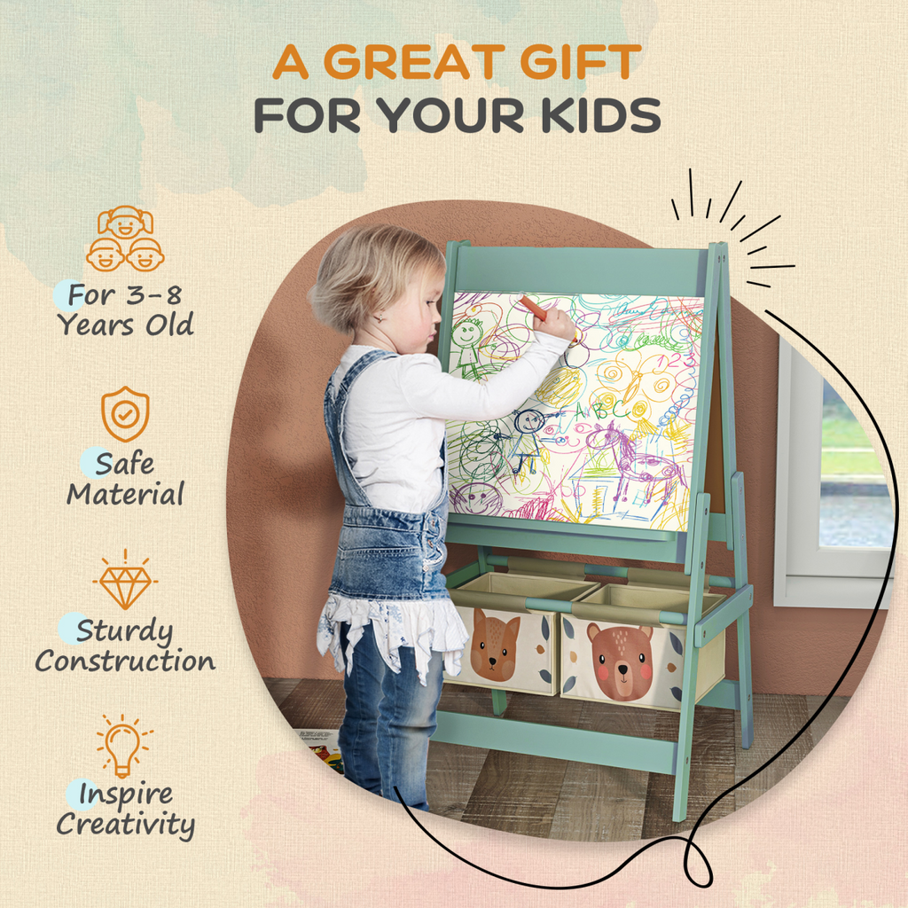 AIYAPLAY Kids Easel with Paper Roll, Blackboard, Whiteboard, Storage, Green
