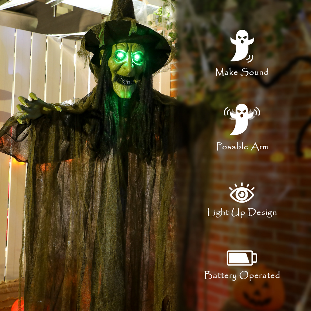 Voice-Activated Hanging Halloween Witch — Green