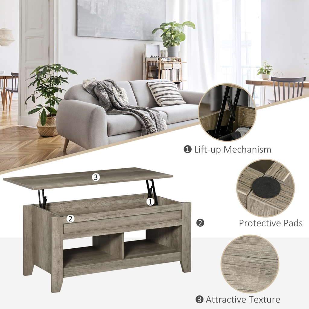 Lift Top Coffee Table w/ Hidden Storage Compartment & Shelves Oak