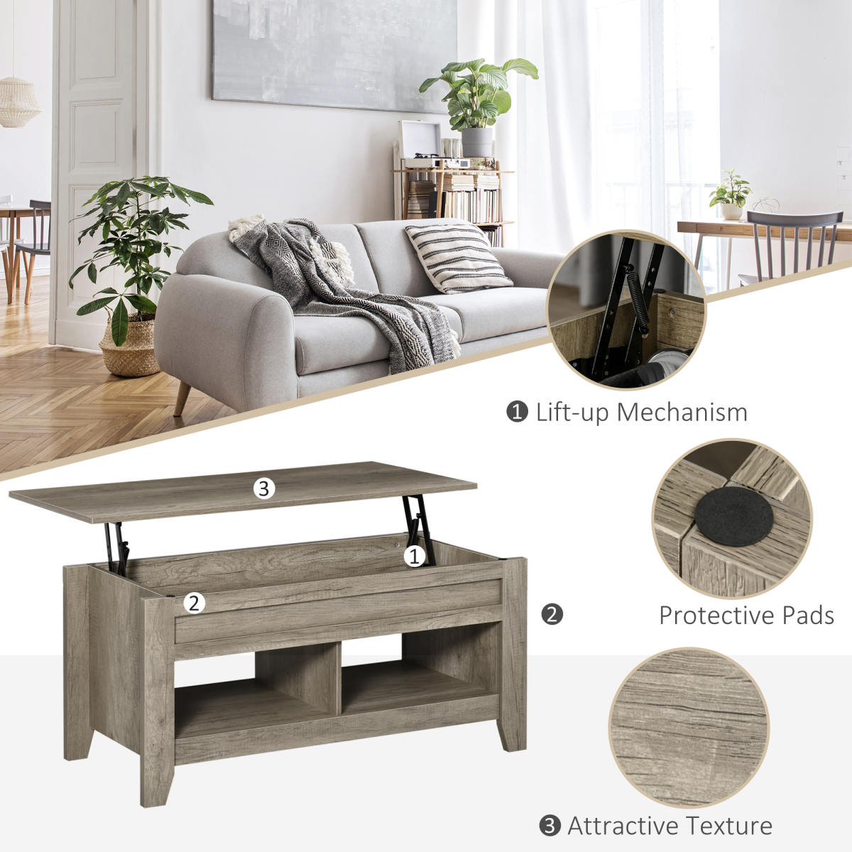 Lift Top Coffee Table w/ Hidden Storage Compartment & Shelves Oak