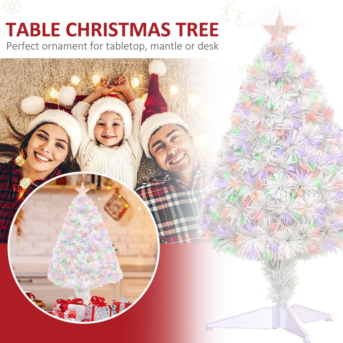 2.5FT Prelit Artificial Tabletop Christmas Tree with Fibre Table and Desk White