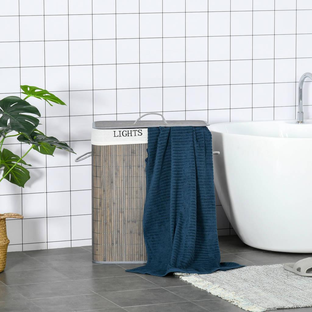100L Bamboo Laundry Basket with Flip Lid Foldable, Grey Lining,