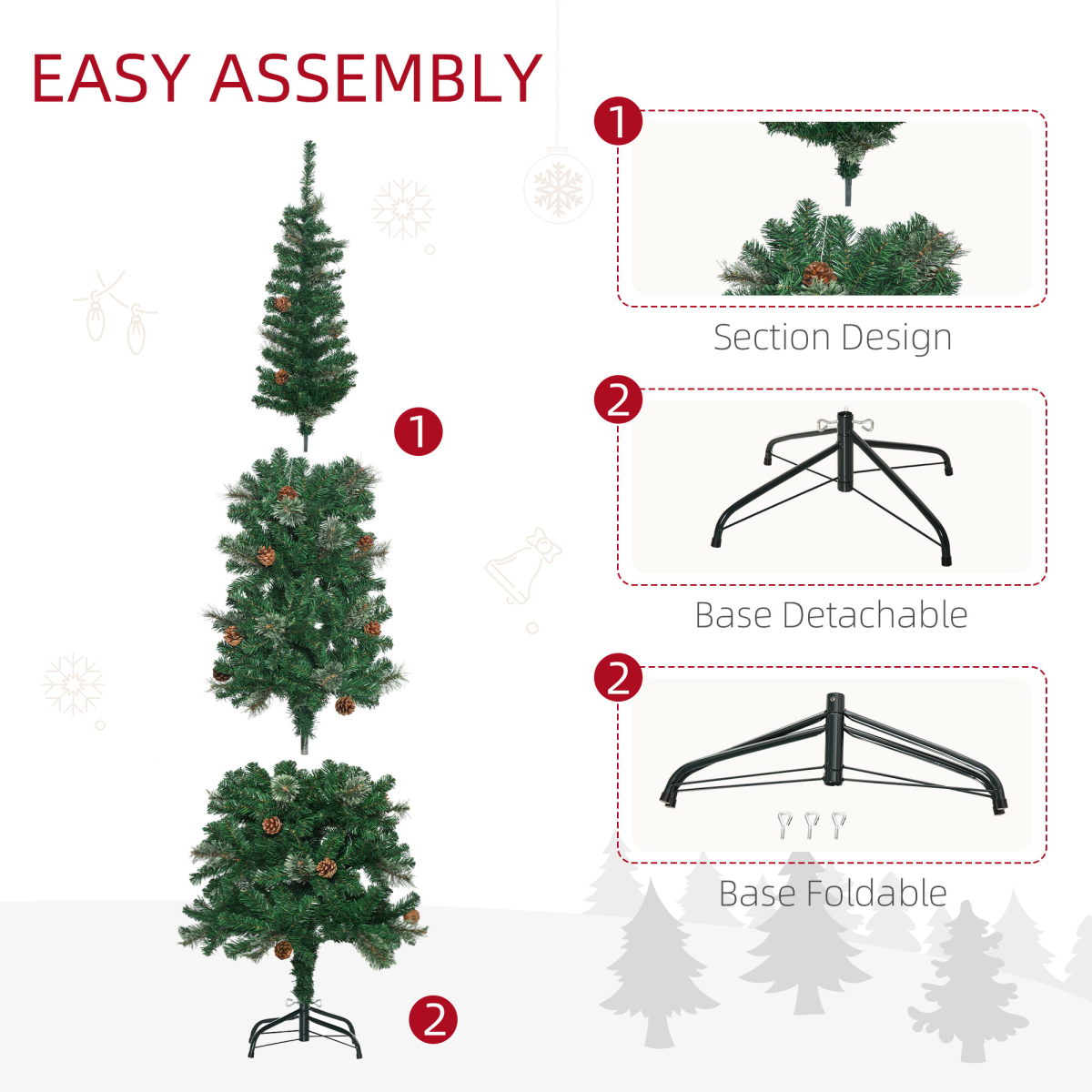 6.5FT Artificial Slim Christmas Tree Holiday Home Decor with Pine Cones