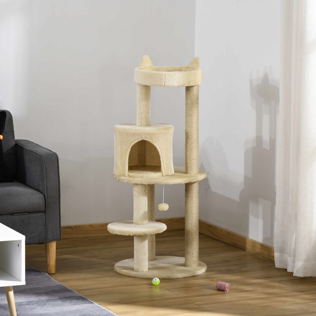 3-Tier Deluxe Cat Activity Tree Scratching Posts Kitten Beige Pawhut