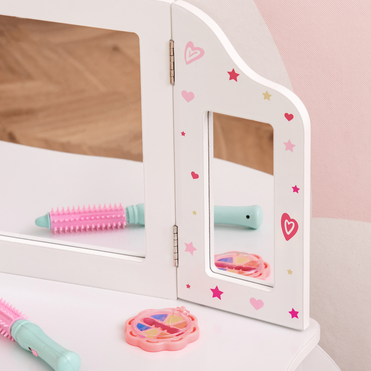 Kids Vanity Table & Stool Girls Dressing Set with Rotatable Mirror Drawer