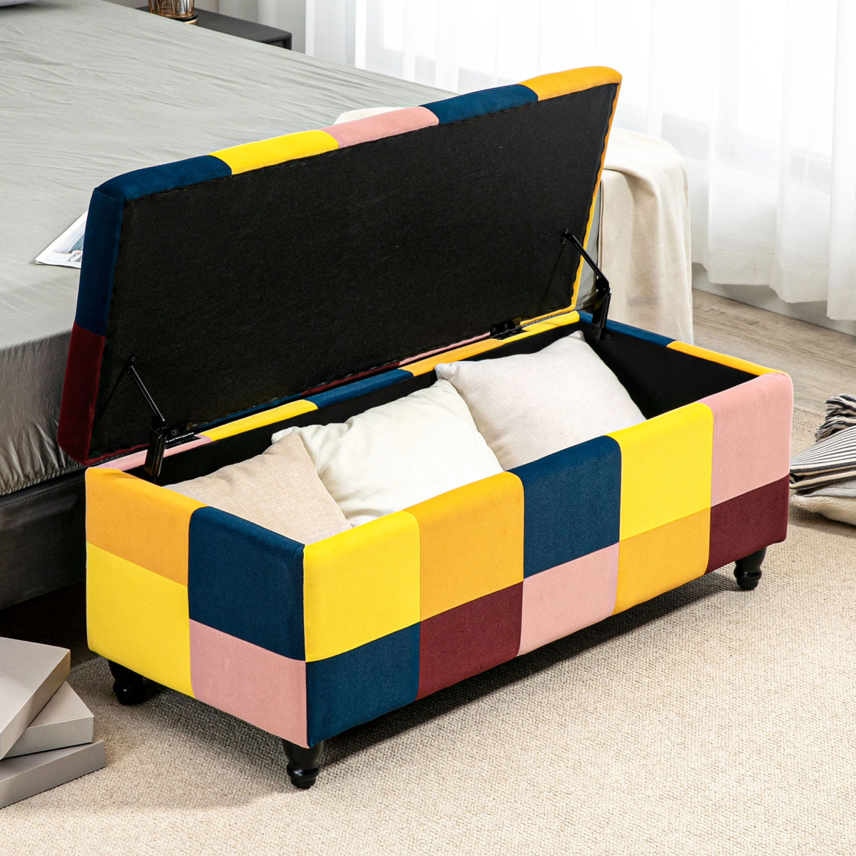 114 x 47 x 47cm Velvet Storage Ottoman, Button-tufted Footstool Box