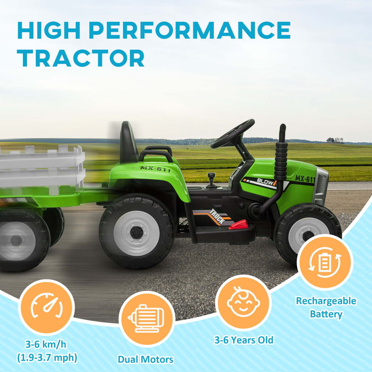 Ride on Tractor with Detachable Trailer, Remote Control, Music - Green