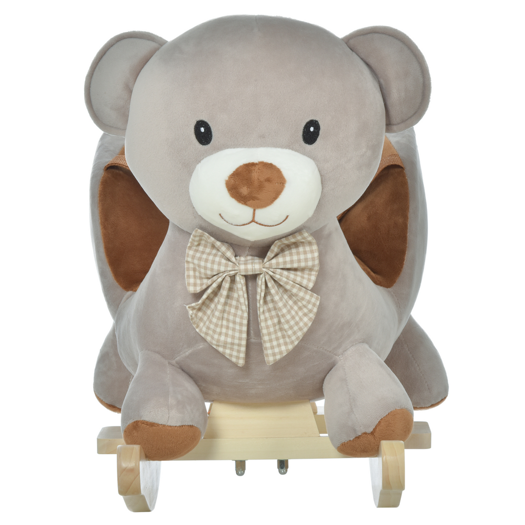 Kids Rocking Bear Plush Ride On Seat Sound Button Wood Base Seat Belt