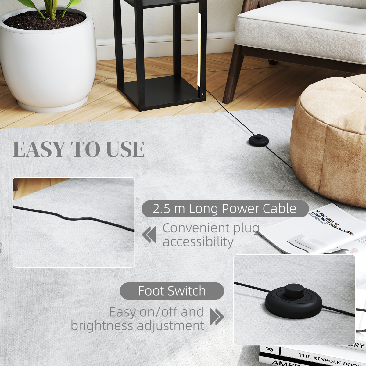 Floor Lamp for Living Room, Standing Lamp with Foot Switch, Black