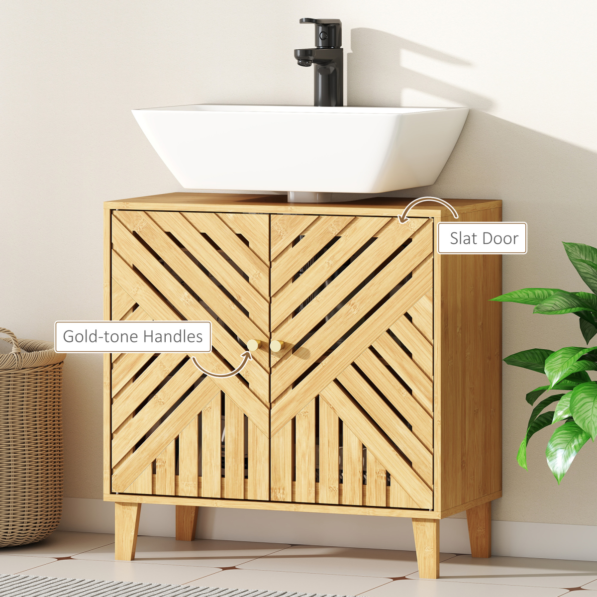 Bamboo Bathroom Under Sink Cabinet with Adjustable Shelf, Natural