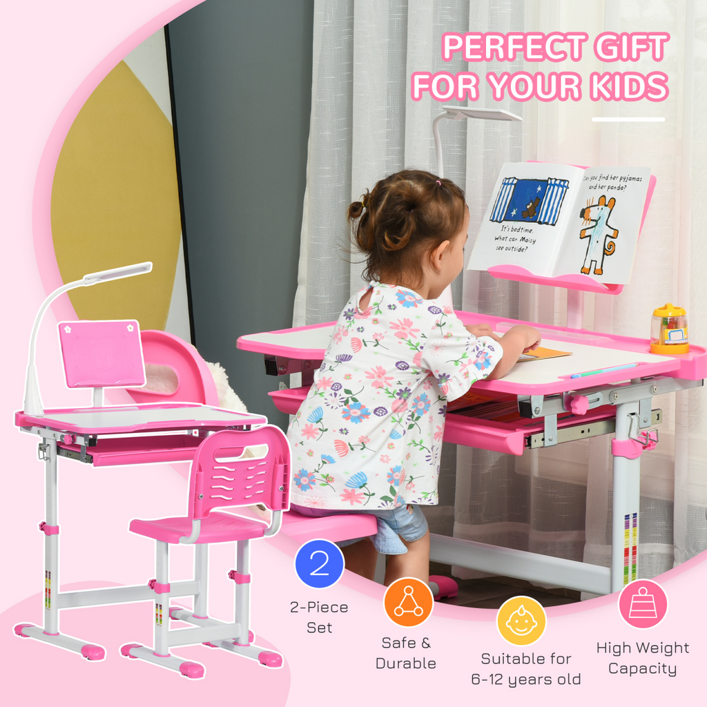 Kids Study Desk and Chair Set with Adjustable Height, Storage Drawer - Pink
