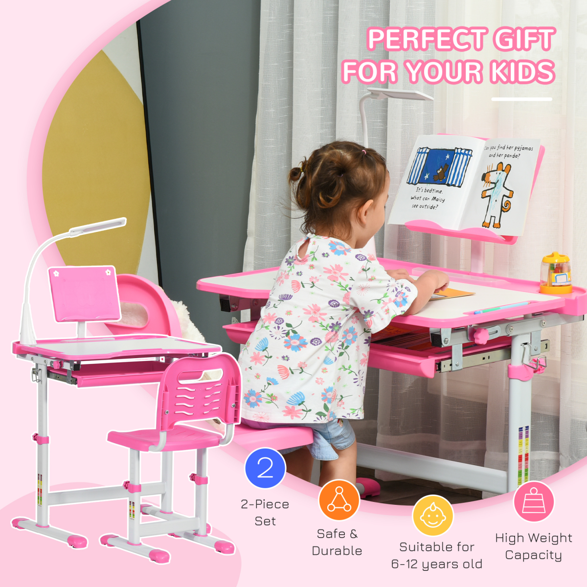 Kids Study Desk and Chair Set with Adjustable Height, Storage Drawer - Pink