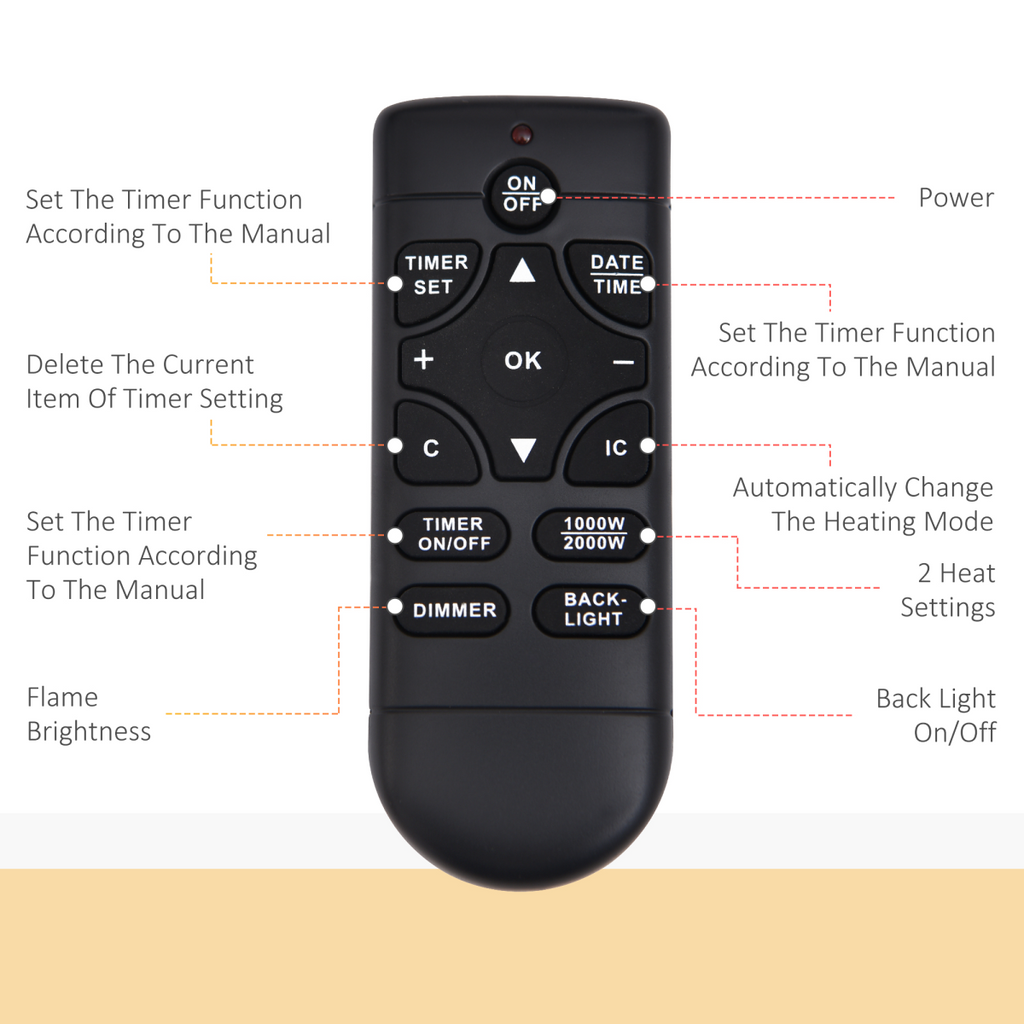1000W/2000W LED Electric Fireplace Automatic Function Remote Timer Safe