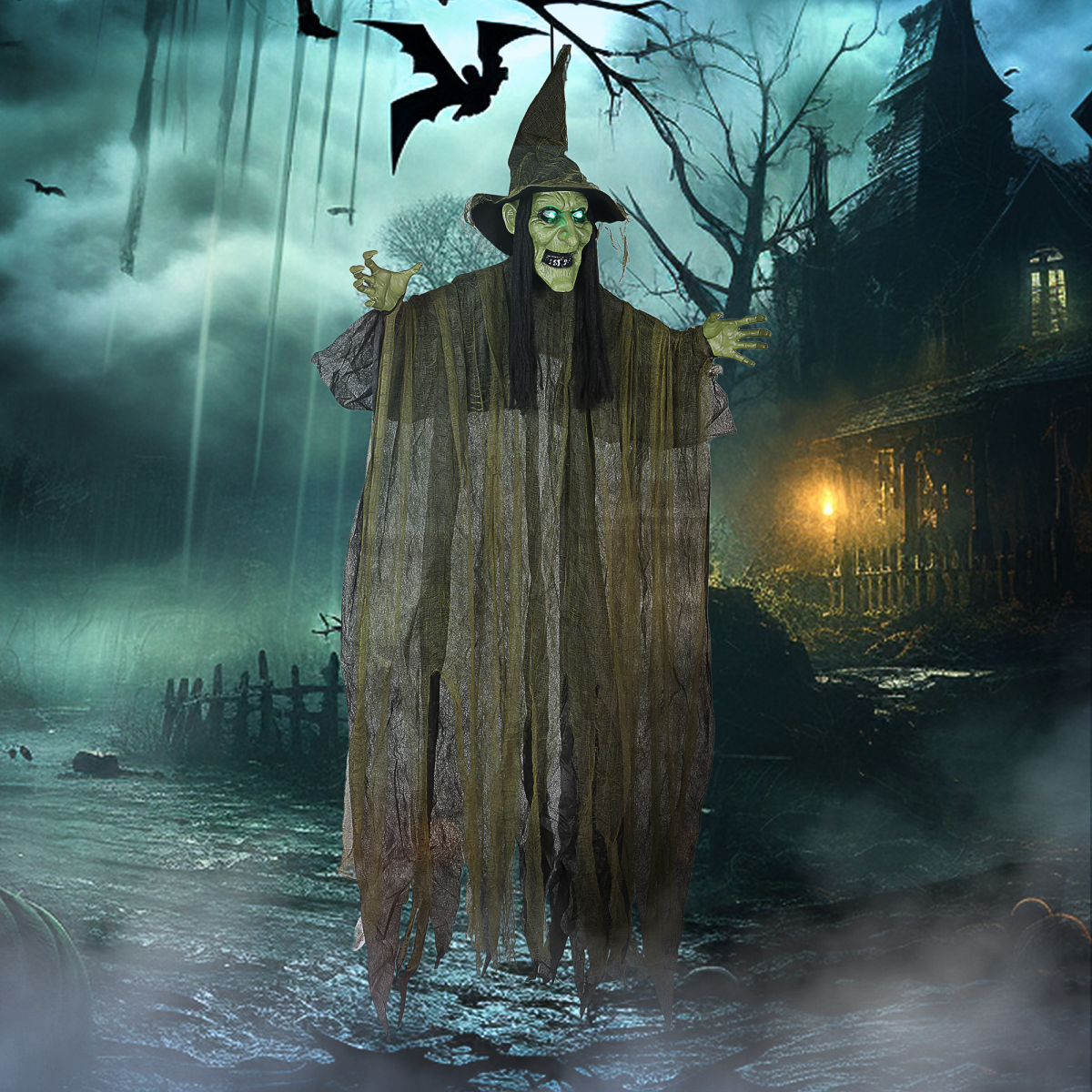 Voice-Activated Hanging Halloween Witch — Green