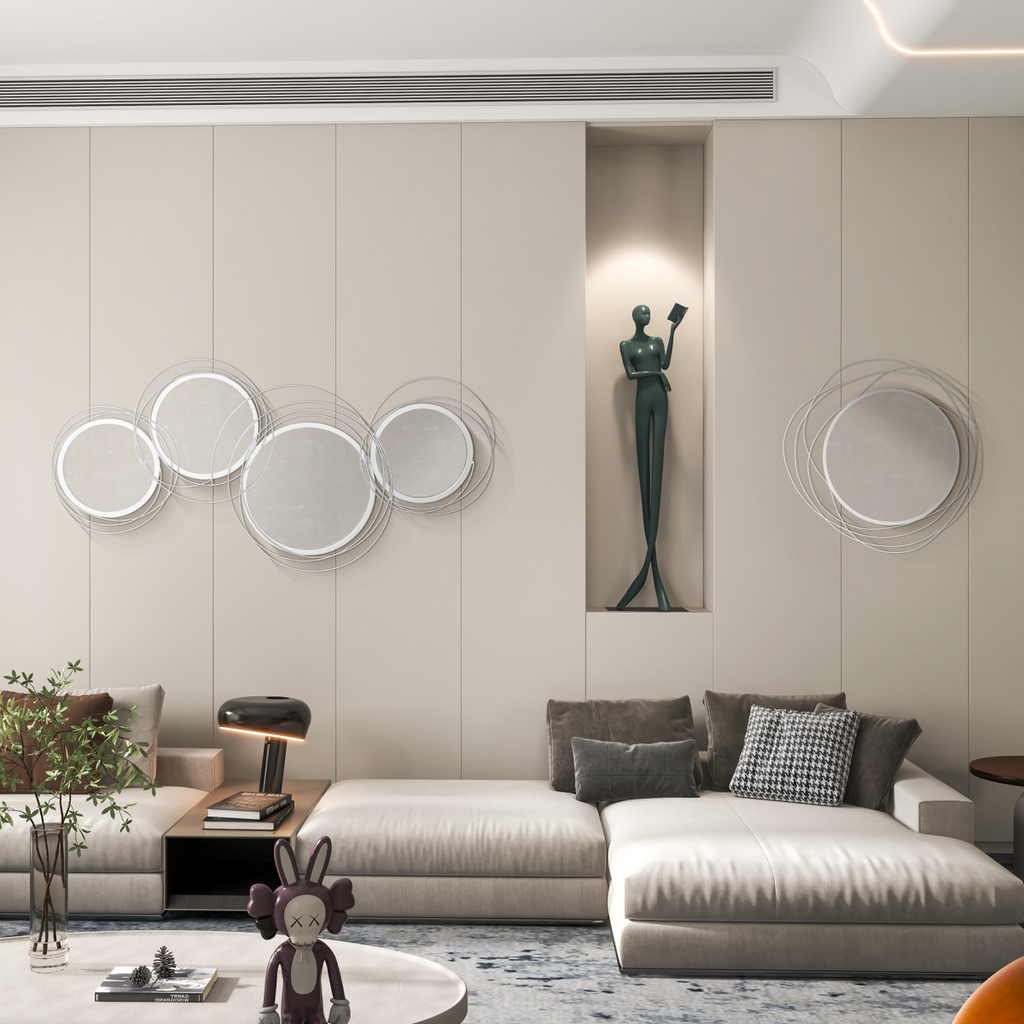 Metal Wall Art Decorative Mirror Decor Modern Wall Sculpture, Silver