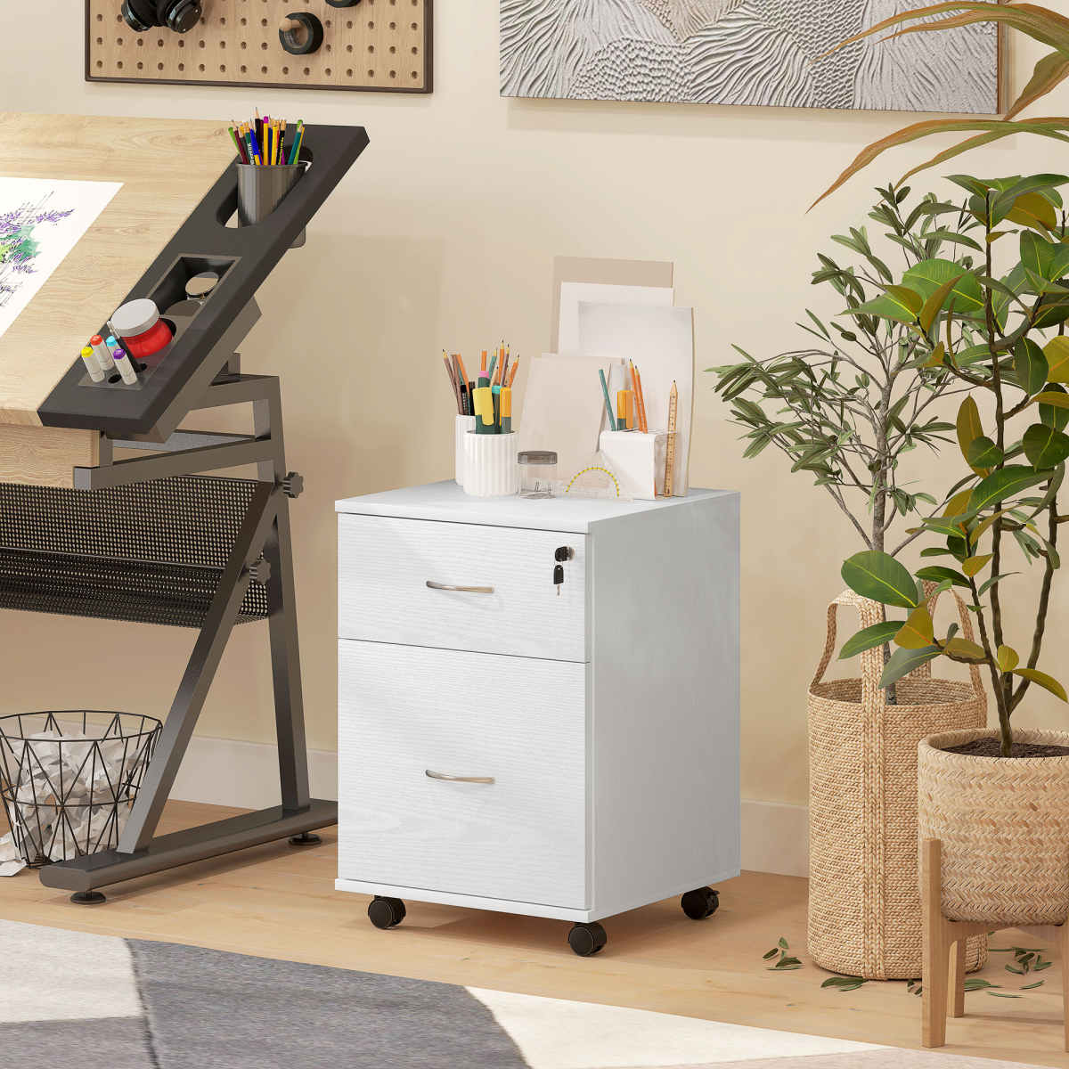 Pedestal Office Mobile Filing Cabinet 2 Drawer White
