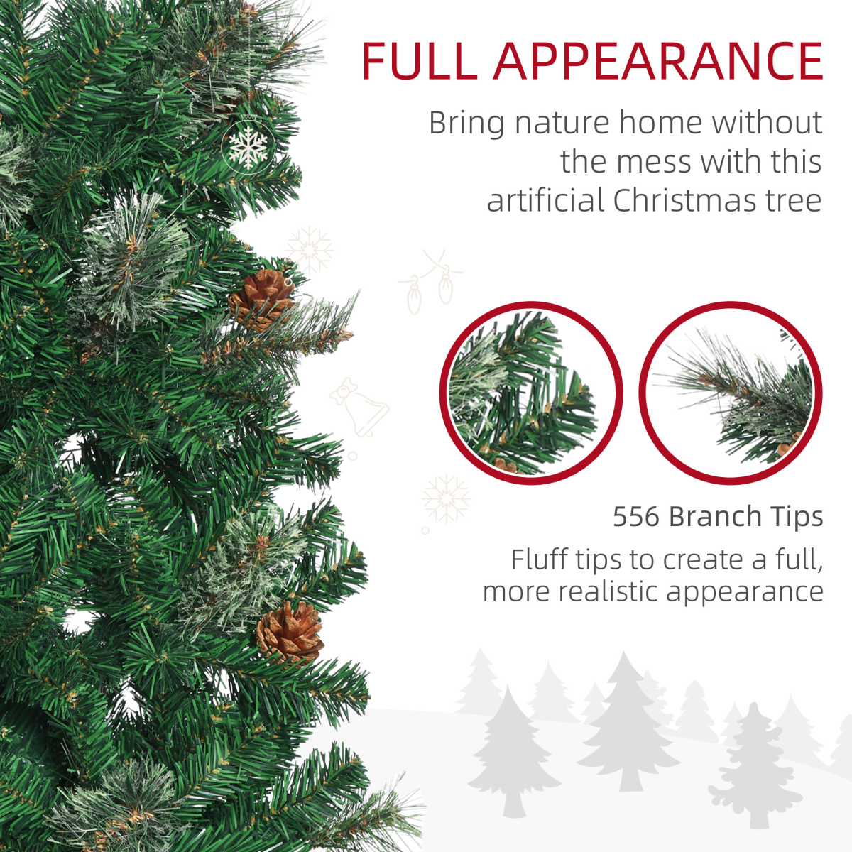 6.5FT Artificial Slim Christmas Tree Holiday Home Decor with Pine Cones
