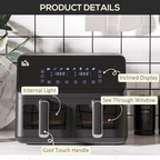 Dual Air Fryer 8L Family Size w/ 2 Basket 8 Presets Cookbook Timer 2500W