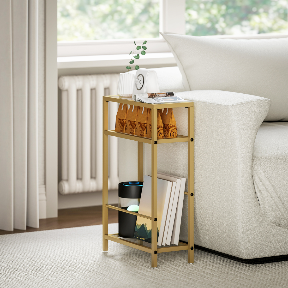Slim Side Table, End Table with Tempered Glass Tabletop, Gold
