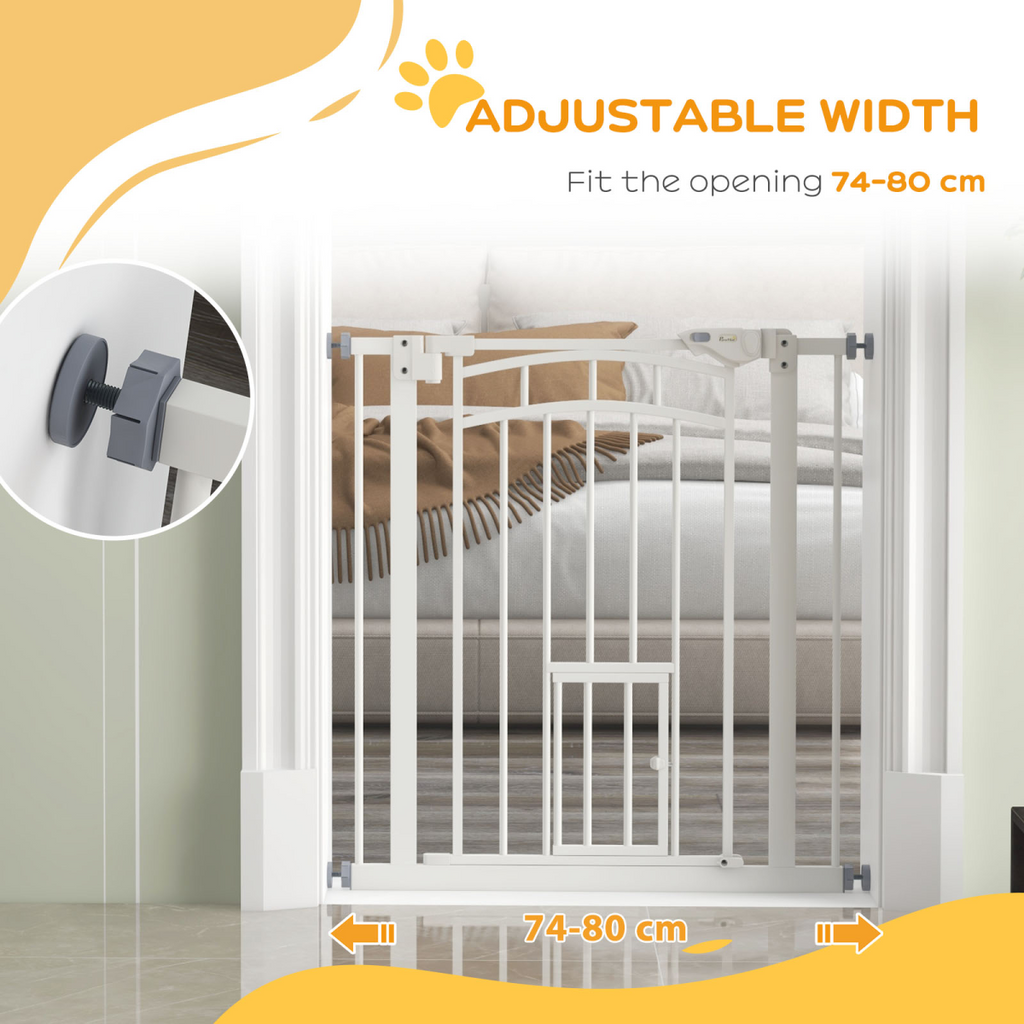 PawHut Pressure Fit, Safety Gate Dog Gate with Small Cat Door Opening, 74-80cm