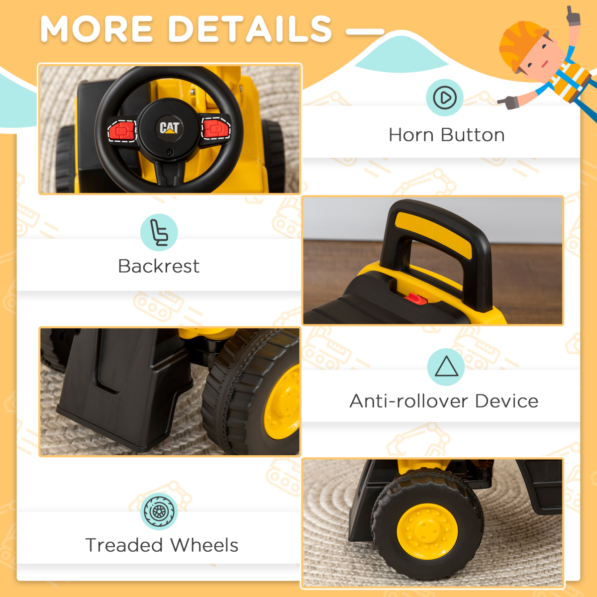 CAT Licensed Kids Construction Ride-On Digger with Shovel, for 1-3 Years
