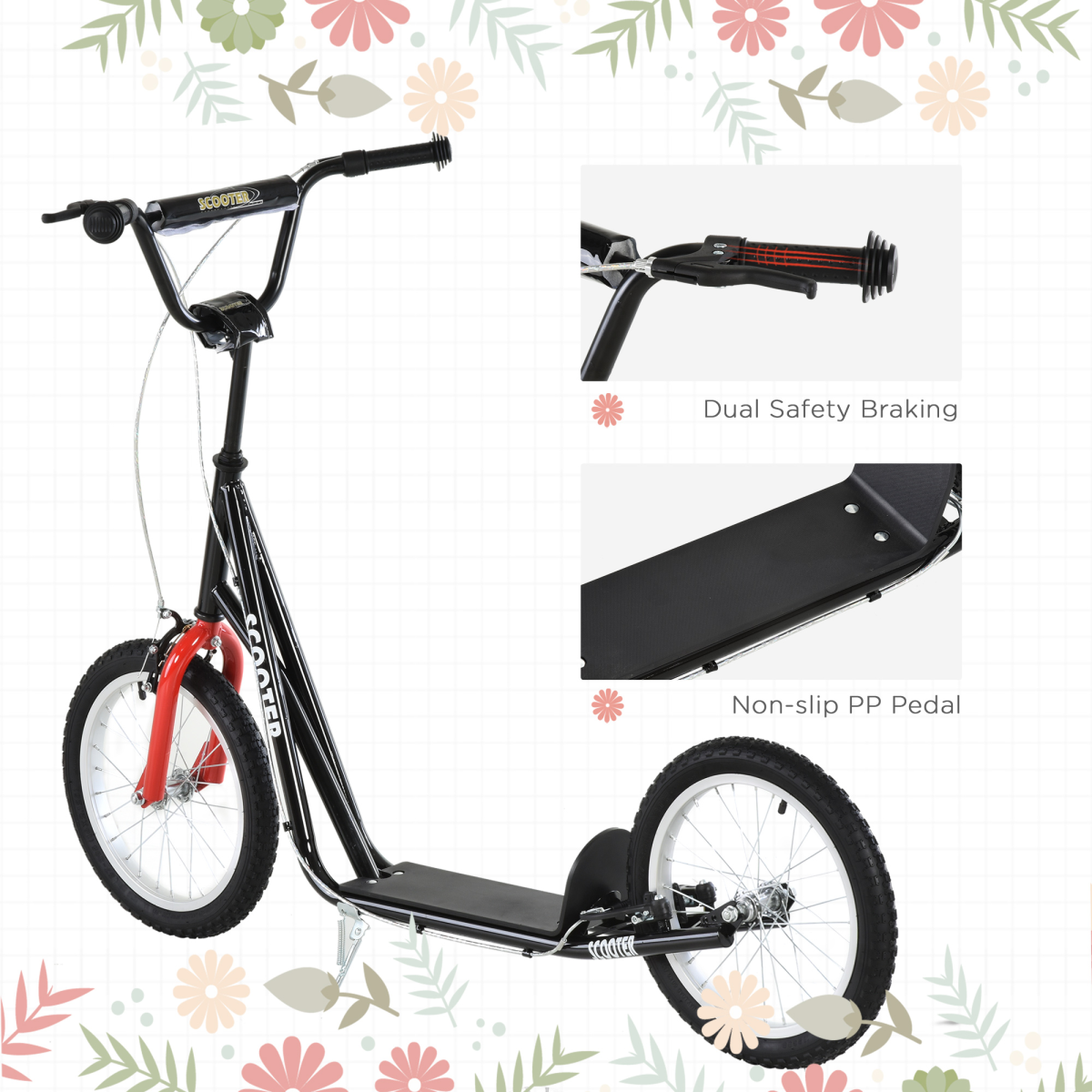 90-96cm Kids Kick Scooter Adjustable Handlebar Inflatable Wheels Black