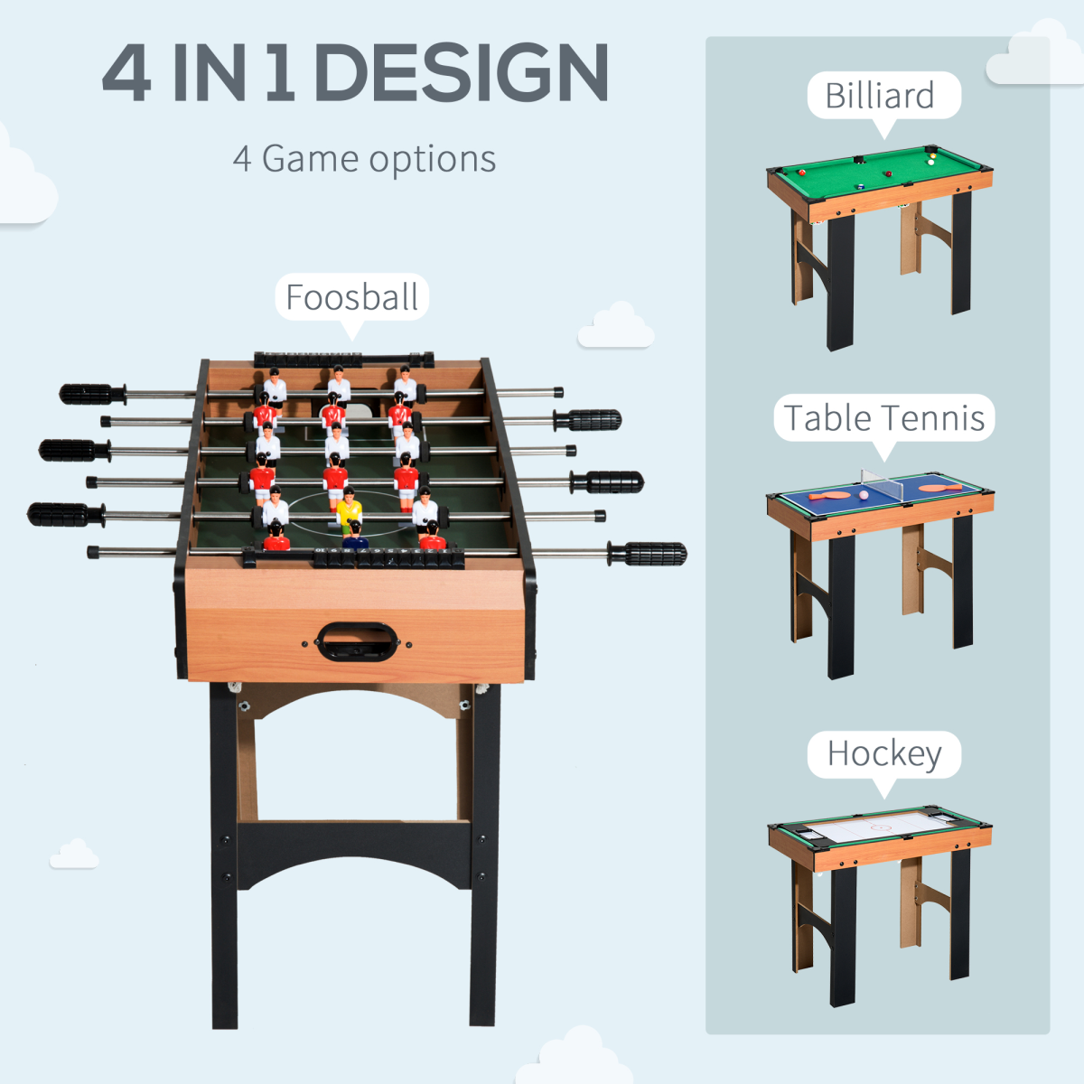 HOMCOM 4-In-1 Multi Games Table with Tennis Billiard Foosball Hockey 2 Types