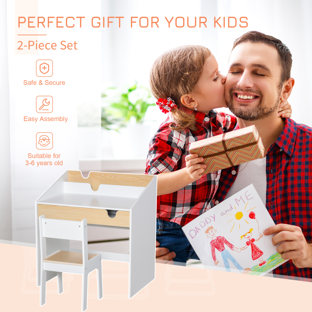 Two-Piece Kids Desk and Chair Set Children Study Table with Storage