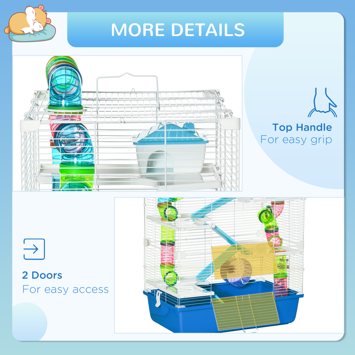 Five-Level Hamster Cage with Tubes, Water Bottle, Exercise Wheel, Ramps - Blue