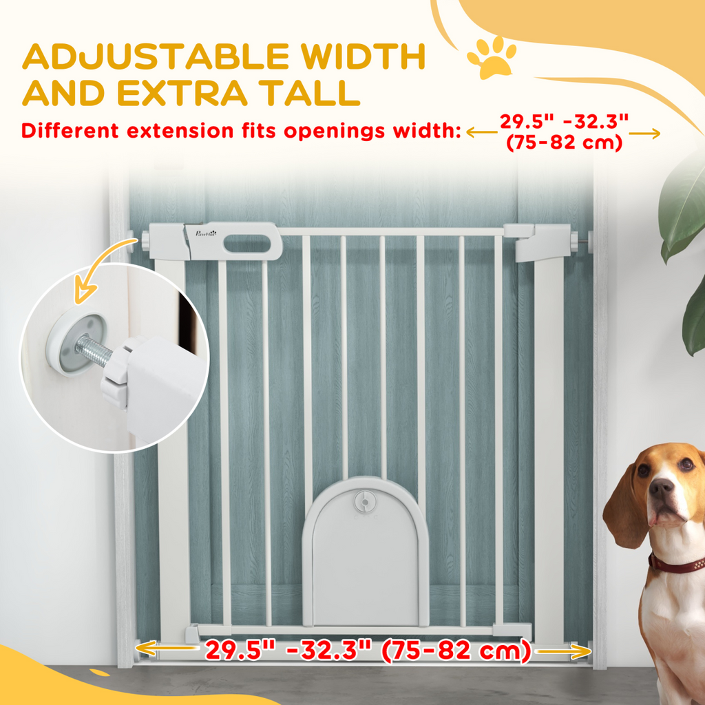 PawHut 75-82 cm Pet Safety Gate Pressure Fit Stair with Small Door Double Locking