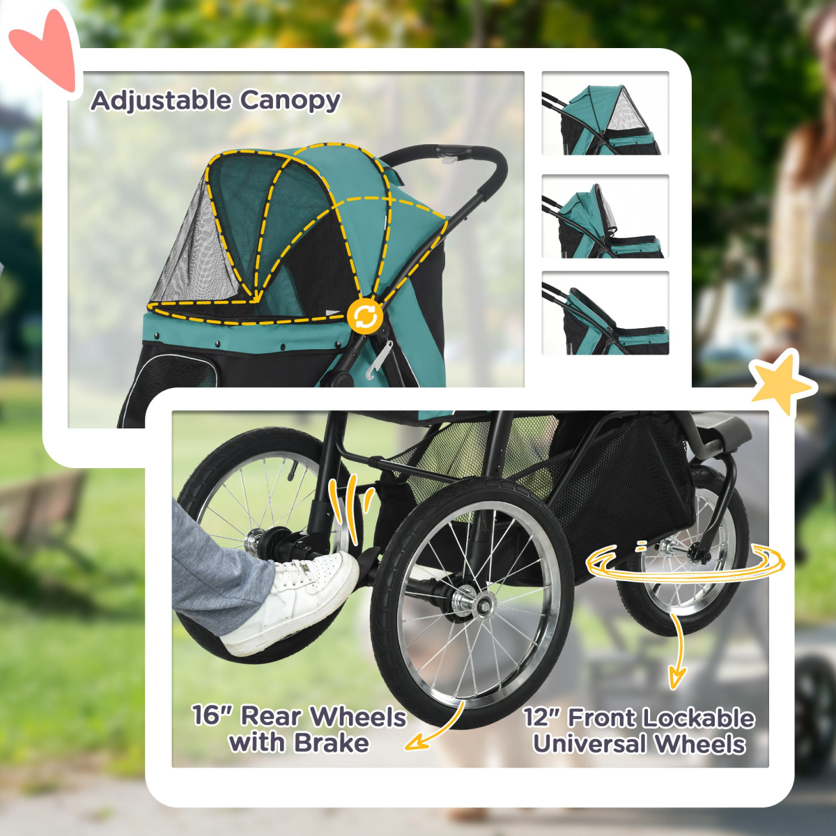 PawHut 3 Wheel Pet Stroller, for Medium Small Dogs, Foldable Cat Pram - Green