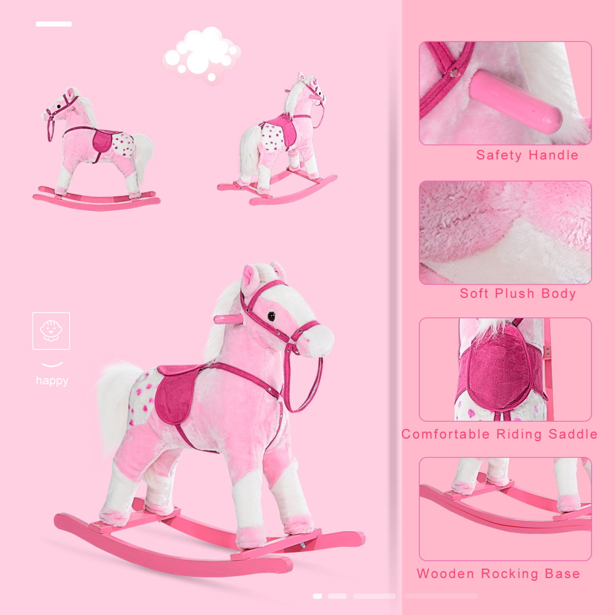 Rocking Horse Toy Plush Wood Pony Riding Rocker Neigh Sound Pink