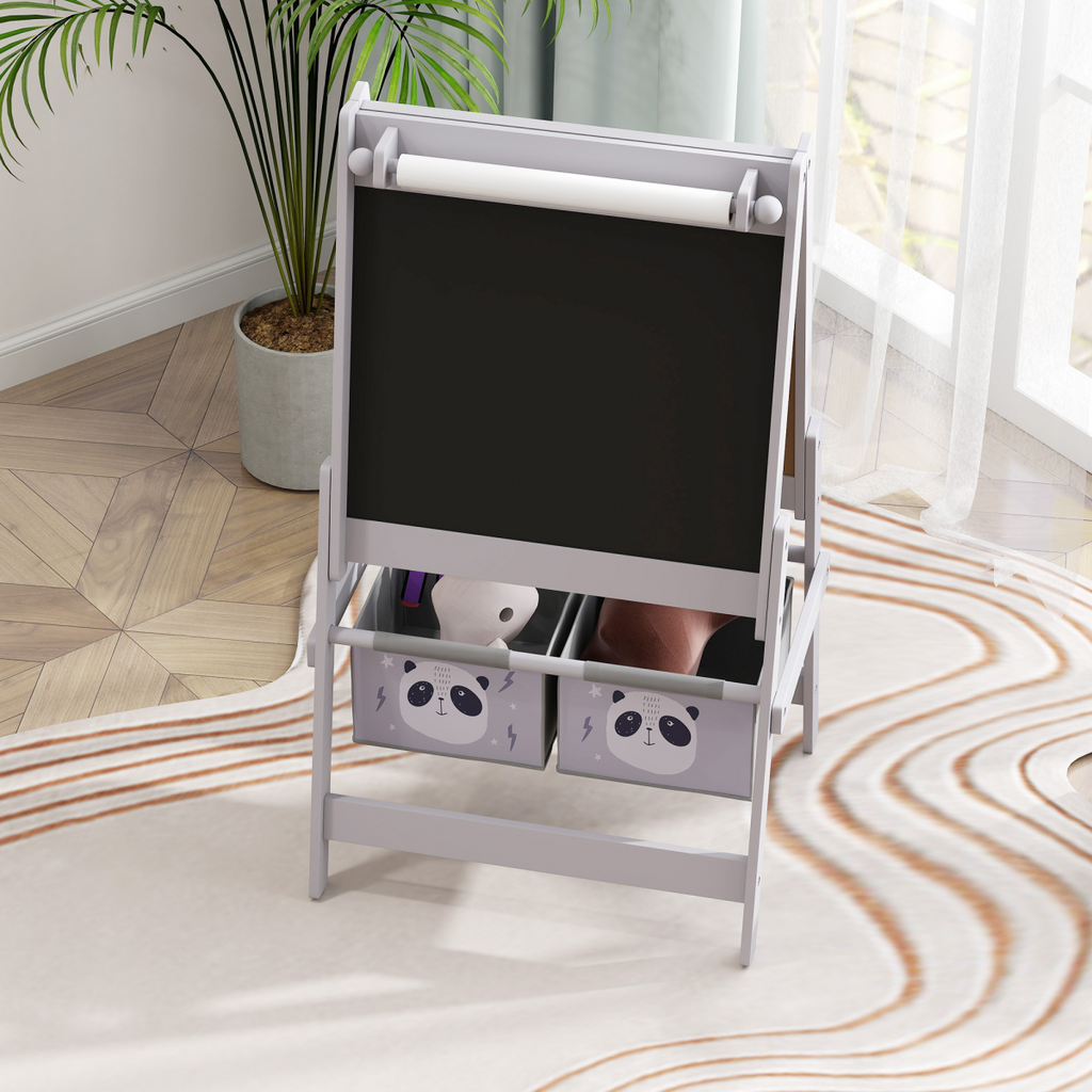 AIYAPLAY Kids Easel with Paper Roll, Blackboard, Whiteboard, Storage, Grey