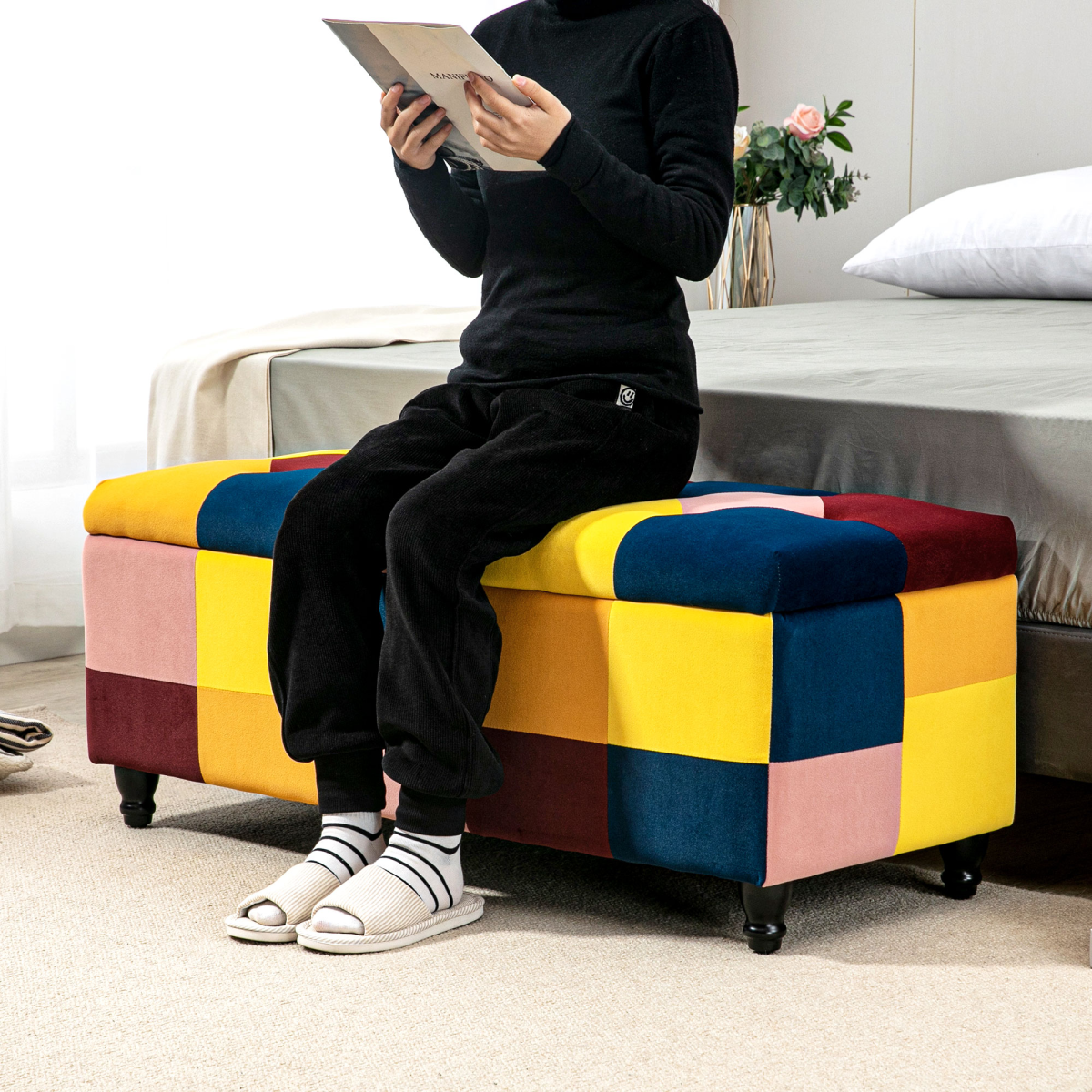 114 x 47 x 47cm Velvet Storage Ottoman, Button-tufted Footstool Box