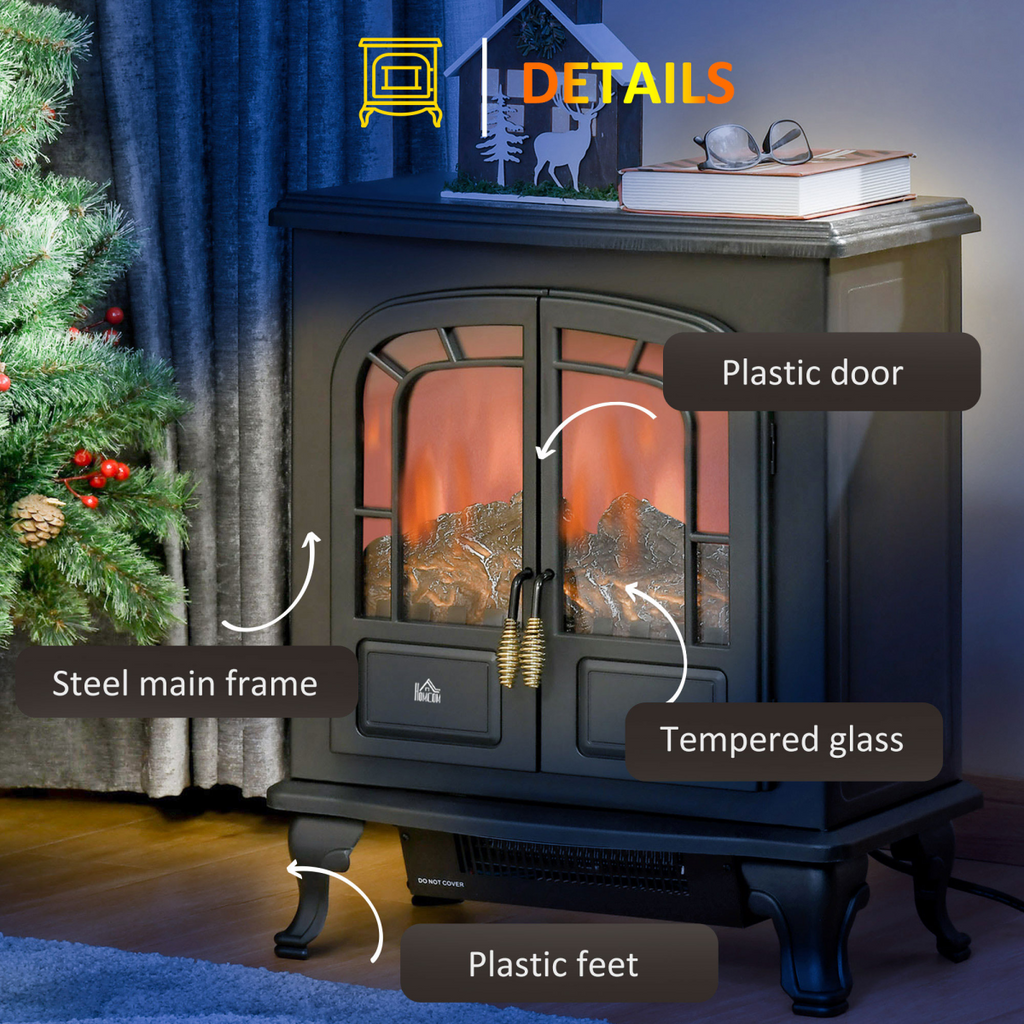 Electric Fireplace LED Fire Flame Effect, Double Door, 1000W/2000W, Black