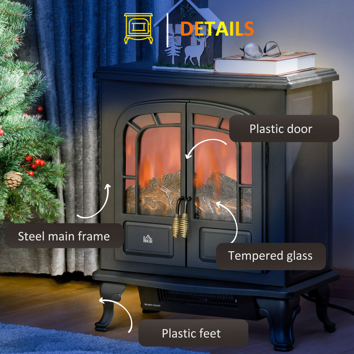 Electric Fireplace LED Fire Flame Effect, Double Door, 1000W/2000W, Black