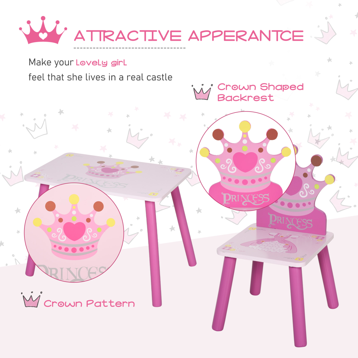 3 Pcs Kids Princess & Crown Chair Table Set Home Furniture 2-4 Yrs Pink