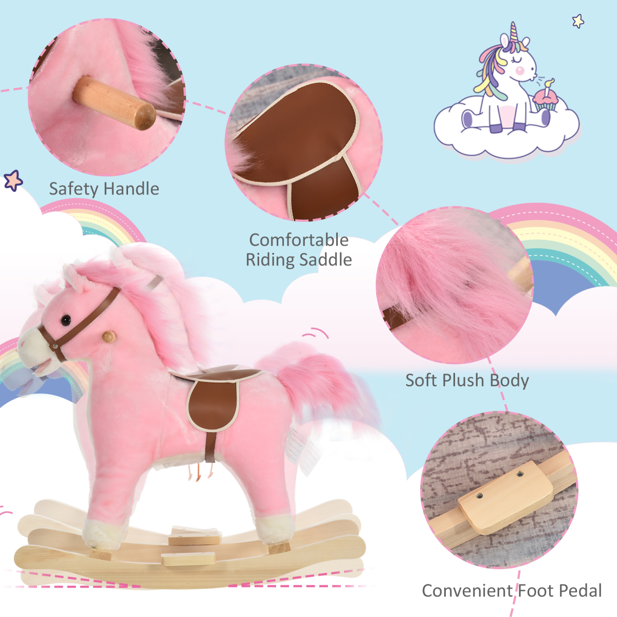Kids Plush Rocking Horse with Moving Mouth Tail Sounds 18-36 Months Pink