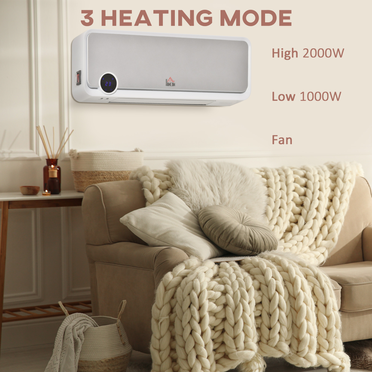Wall Mounted Downflow Ceramic Heater with 12h Timer, Remote