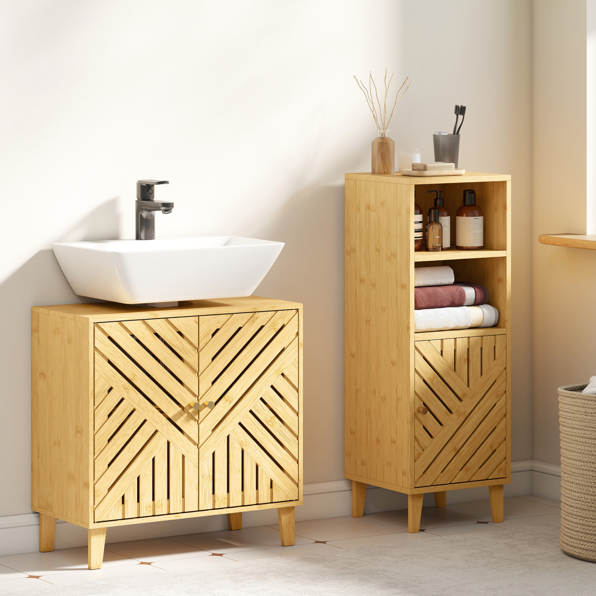 Bamboo Bathroom Under Sink Cabinet with Adjustable Shelf, Natural